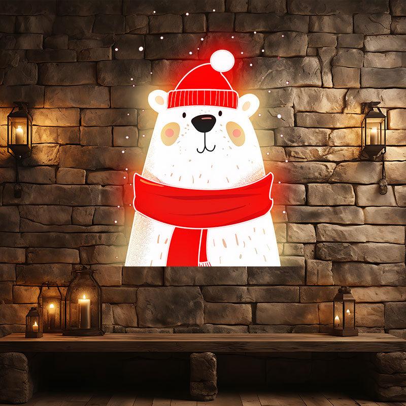 Cute Festive Christmas Bear - wearing a red hat and scarf, perfect holiday decoration neon signs