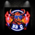 Handsome bull wearing sunglasses barbecuing neon signs