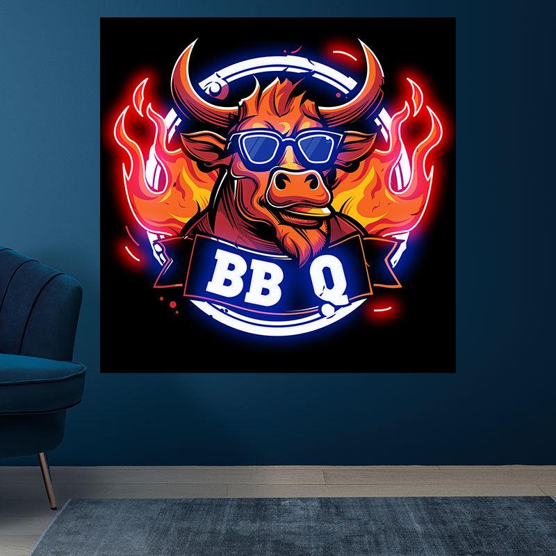 Handsome bull wearing sunglasses barbecuing neon signs