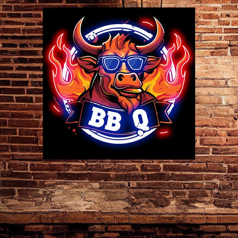 Handsome bull wearing sunglasses barbecuing neon signs