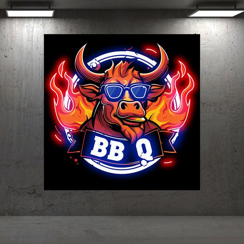 Handsome bull wearing sunglasses barbecuing neon signs