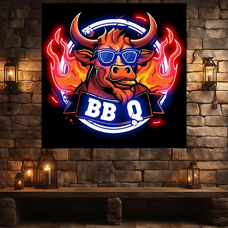 Handsome bull wearing sunglasses barbecuing neon signs