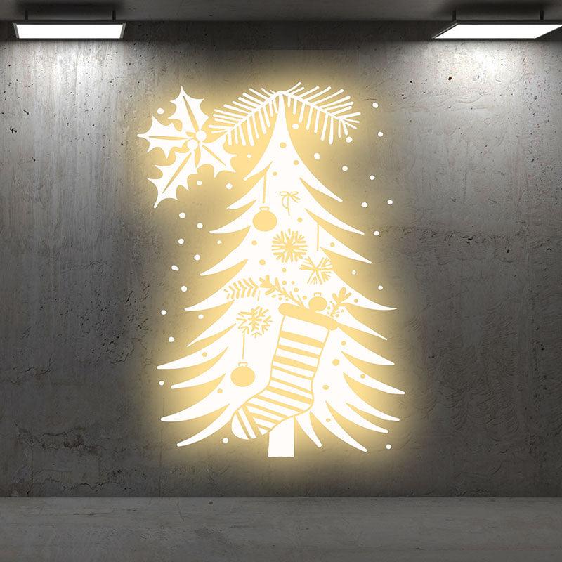 Glowing Gold Christmas Tree Decorations - Hang gold stockings and lanterns for a cozy holiday atmosphere neon signs