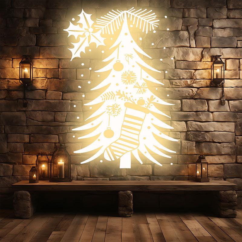 Glowing Gold Christmas Tree Decorations - Hang gold stockings and lanterns for a cozy holiday atmosphere neon signs