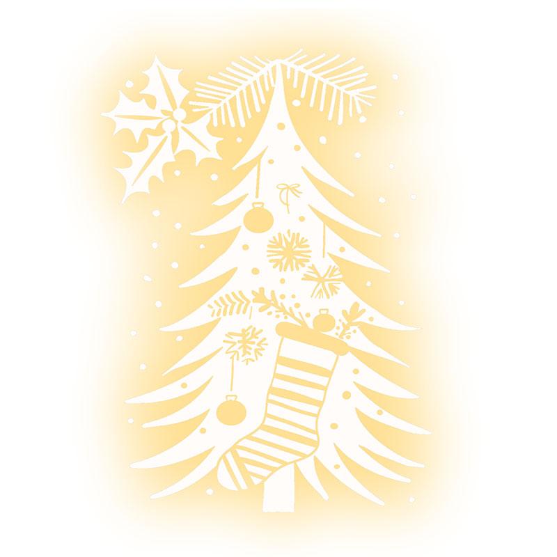 Glowing Gold Christmas Tree Decorations - Hang gold stockings and lanterns for a cozy holiday atmosphere neon signs