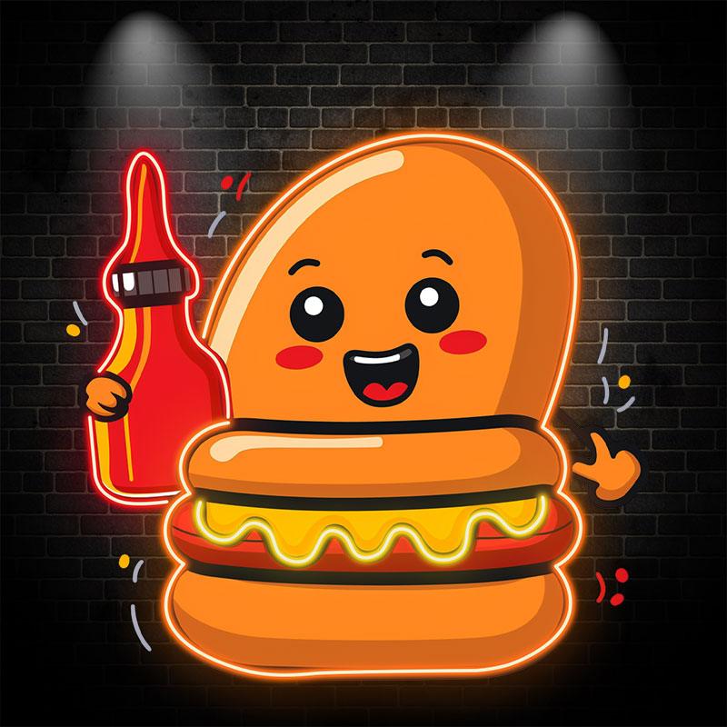 Happy Burger: holding the ketchup and smiling extra hard neon signs