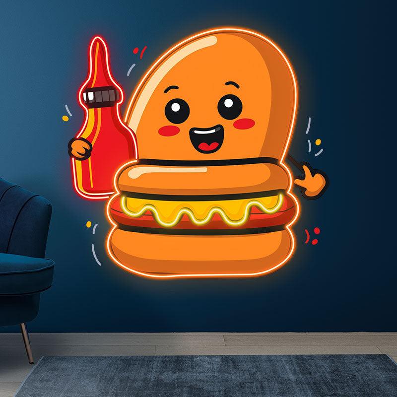 Happy Burger: holding the ketchup and smiling extra hard neon signs