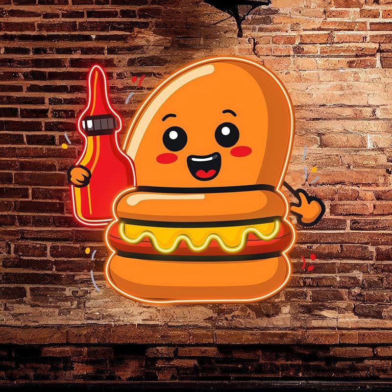 Happy Burger: holding the ketchup and smiling extra hard neon signs