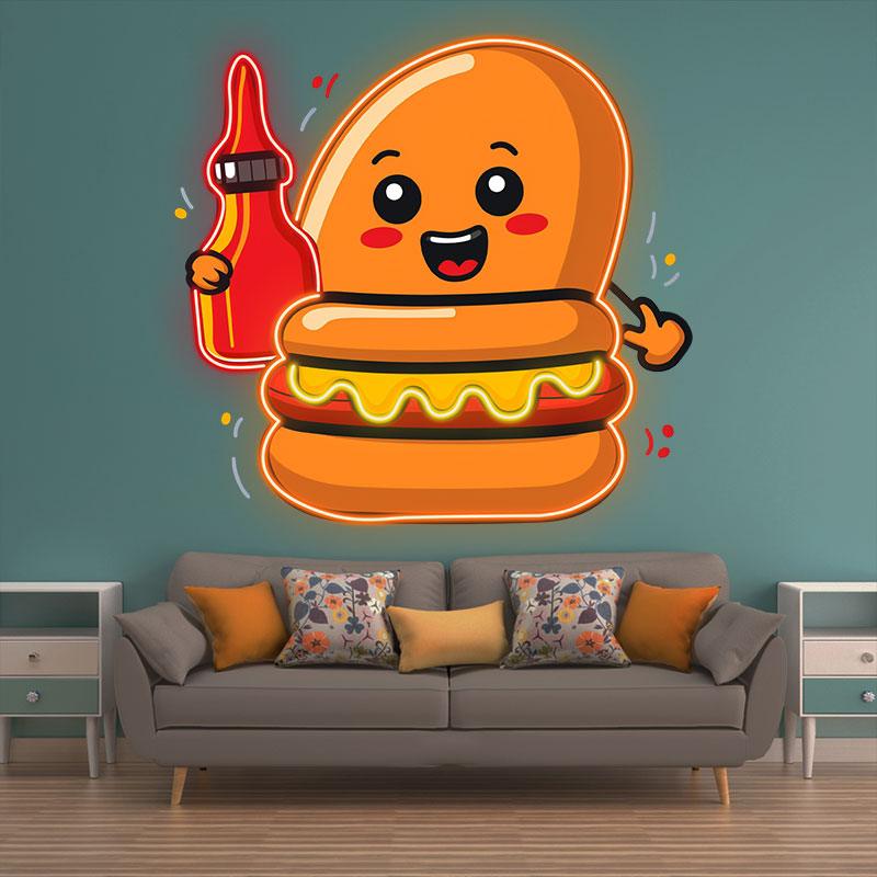 Happy Burger: holding the ketchup and smiling extra hard neon signs
