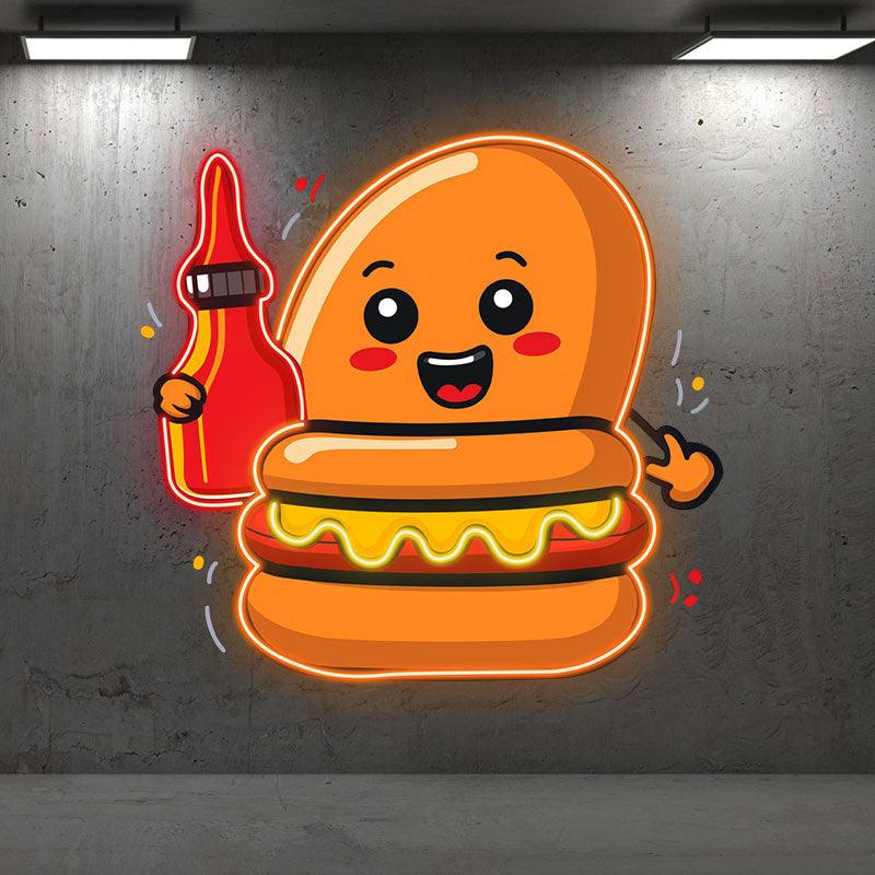 Happy Burger: holding the ketchup and smiling extra hard neon signs