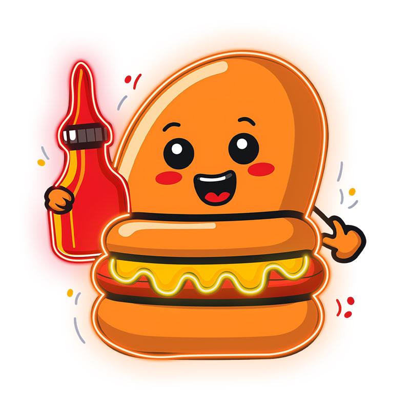 Happy Burger: holding the ketchup and smiling extra hard neon signs