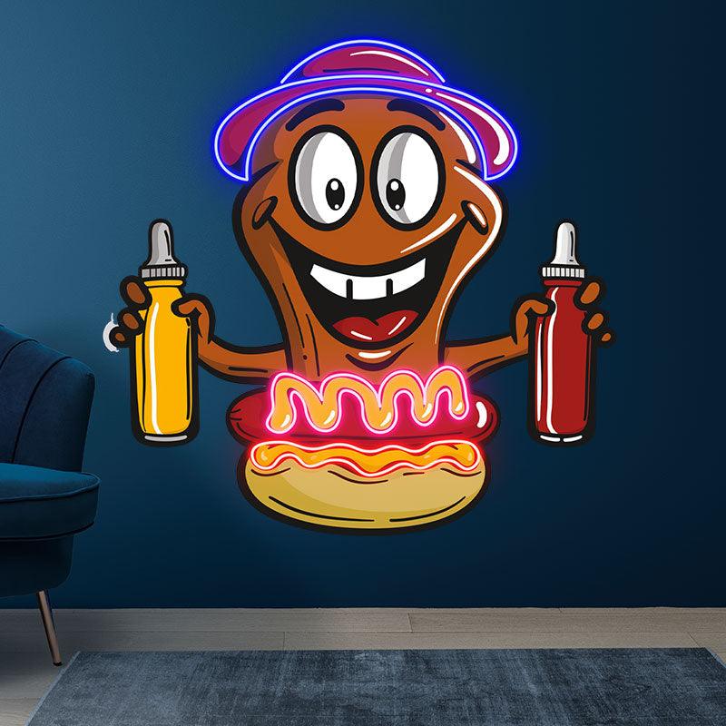 Hot Dog Buddy:neon signs Happy and ready for a burger, a tasty combination of ketchup and salsa!