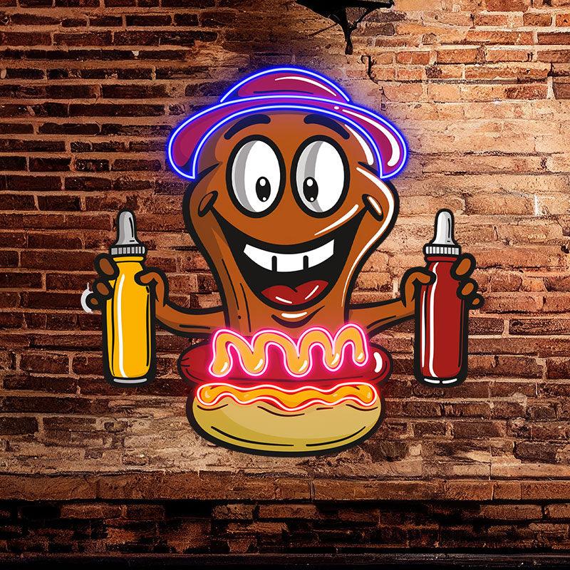 Hot Dog Buddy:neon signs Happy and ready for a burger, a tasty combination of ketchup and salsa!