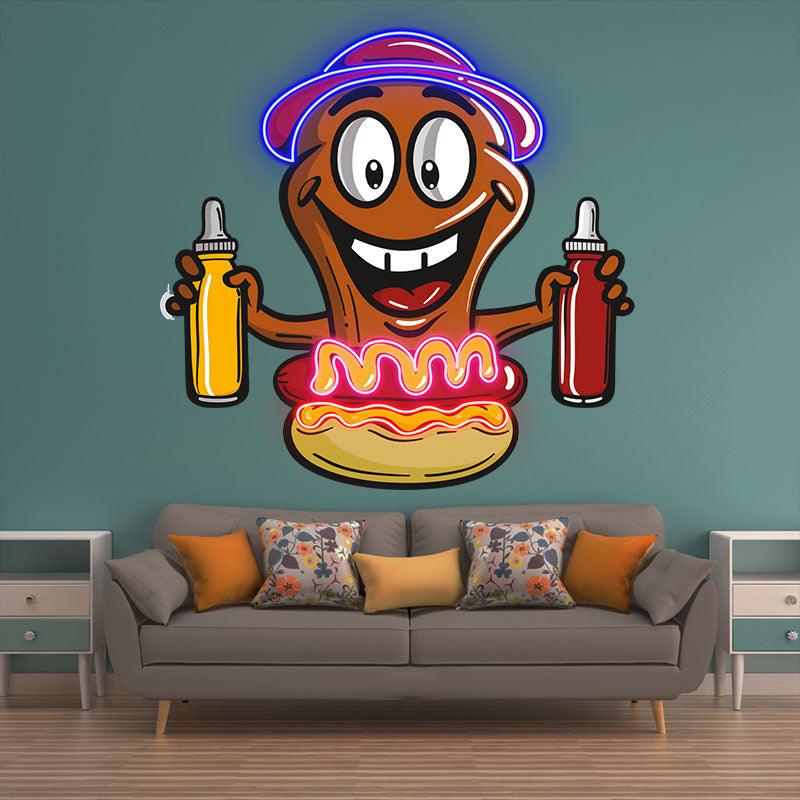 Hot Dog Buddy:neon signs Happy and ready for a burger, a tasty combination of ketchup and salsa!