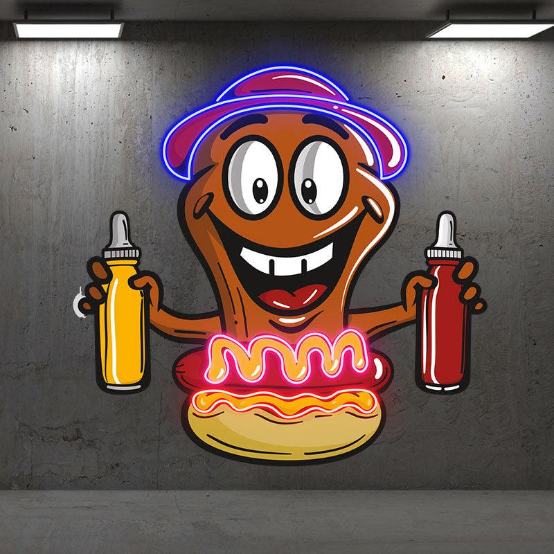 Hot Dog Buddy:neon signs Happy and ready for a burger, a tasty combination of ketchup and salsa!