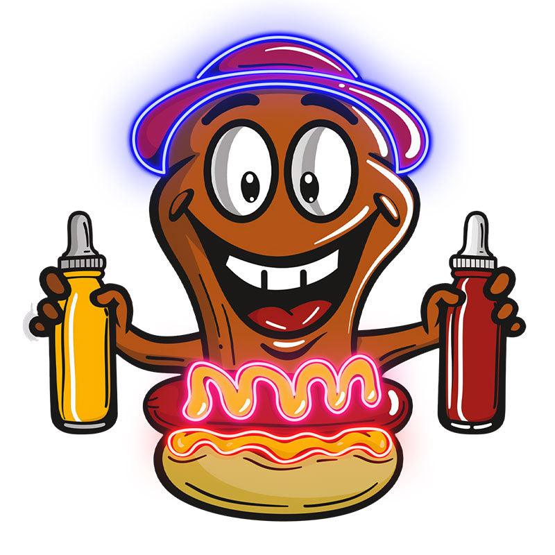 Hot Dog Buddy:neon signs Happy and ready for a burger, a tasty combination of ketchup and salsa!
