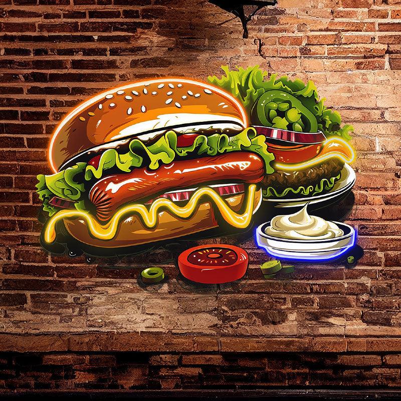 Bountiful Burger Feast - Hot dogs and fresh veggies are perfectly paired with juicy steaks for a delicious neon treat! neon signs