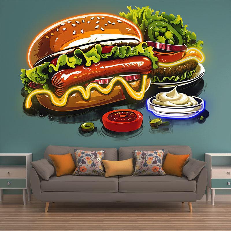 Bountiful Burger Feast - Hot dogs and fresh veggies are perfectly paired with juicy steaks for a delicious neon treat! neon signs