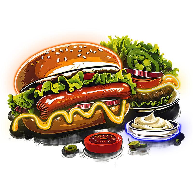 Bountiful Burger Feast - Hot dogs and fresh veggies are perfectly paired with juicy steaks for a delicious neon treat! neon signs