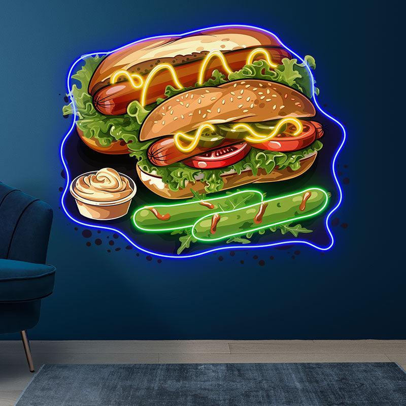 Tasty Burger Neon signs - Double Hot Dogs with Rich Vegetable Elements LED Light for Restaurant and Home Decoration