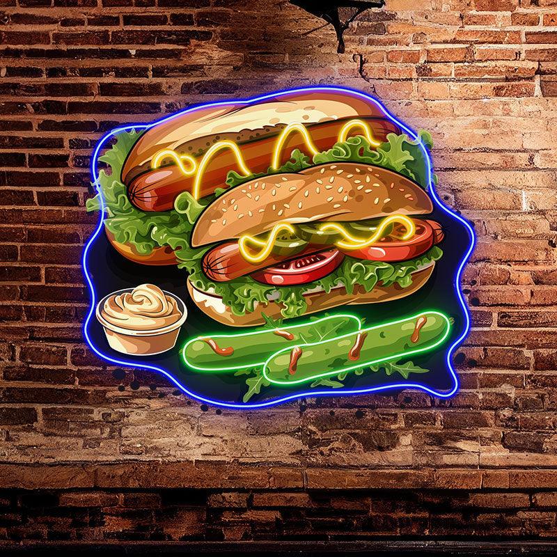 Tasty Burger Neon signs - Double Hot Dogs with Rich Vegetable Elements LED Light for Restaurant and Home Decoration