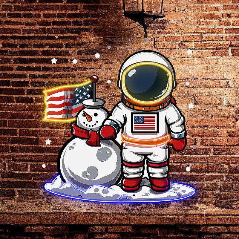 Christmas Astronauts and Snowmen: A Joyful Space neon signs Celebration Decorated with American Flags