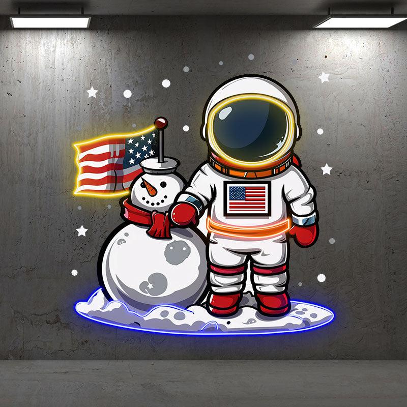 Christmas Astronauts and Snowmen: A Joyful Space neon signs Celebration Decorated with American Flags