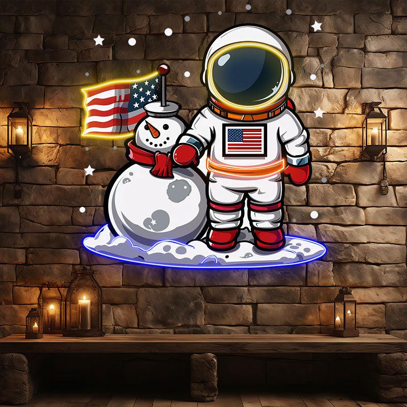 Christmas Astronauts and Snowmen: A Joyful Space neon signs Celebration Decorated with American Flags