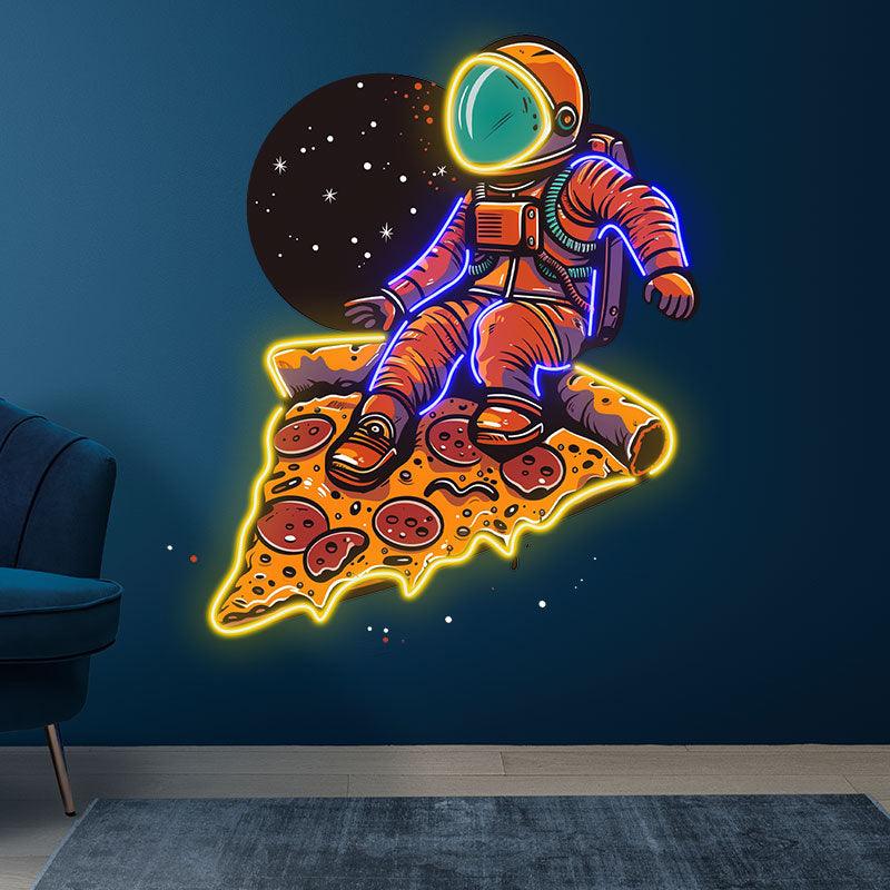 Space Pizza Party neon signs | Astronauts sitting on a big pizza | Creative Neon Decoration