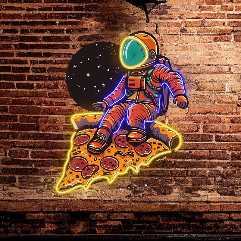 Space Pizza Party neon signs | Astronauts sitting on a big pizza | Creative Neon Decoration