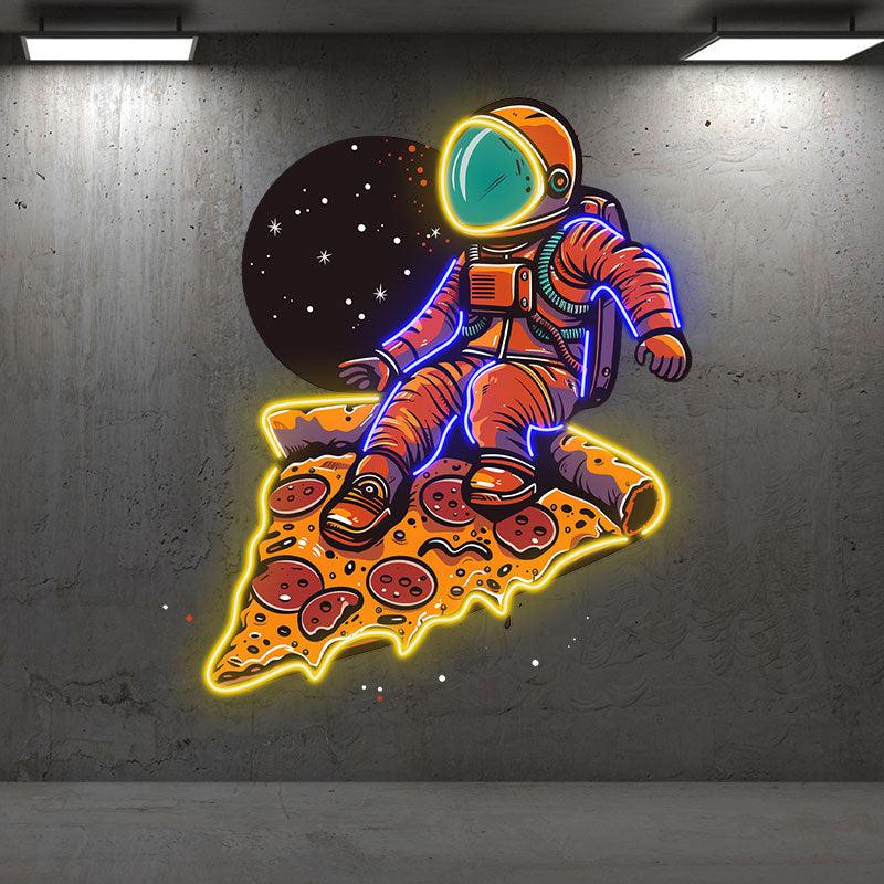 Space Pizza Party neon signs | Astronauts sitting on a big pizza | Creative Neon Decoration