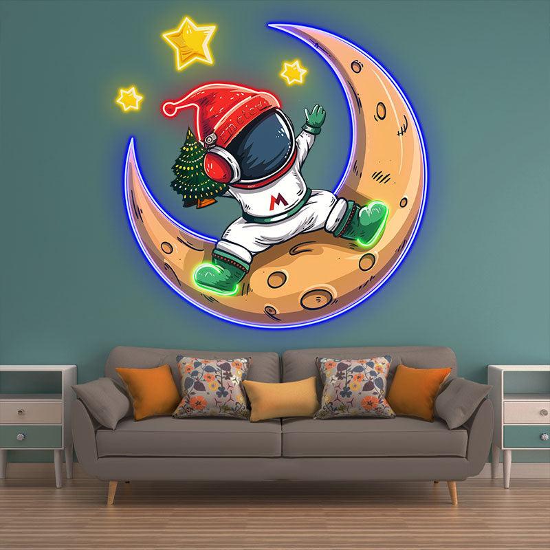 Christmas miracle on the moon: astronauts in Santa hats, holding Christmas trees neon signs