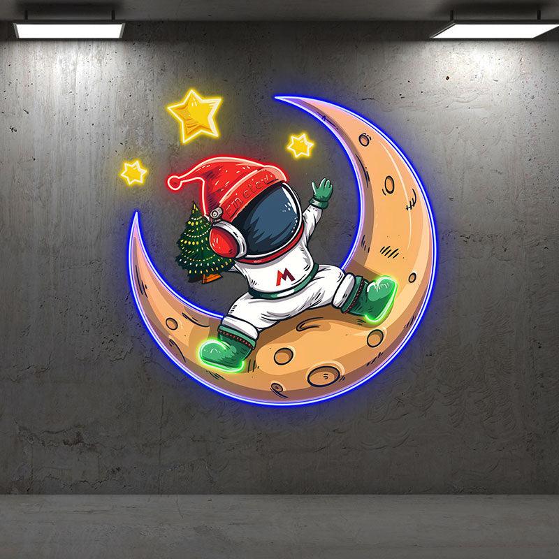 Christmas miracle on the moon: astronauts in Santa hats, holding Christmas trees neon signs