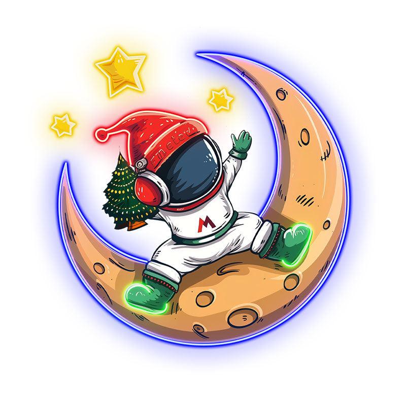 Christmas miracle on the moon: astronauts in Santa hats, holding Christmas trees neon signs