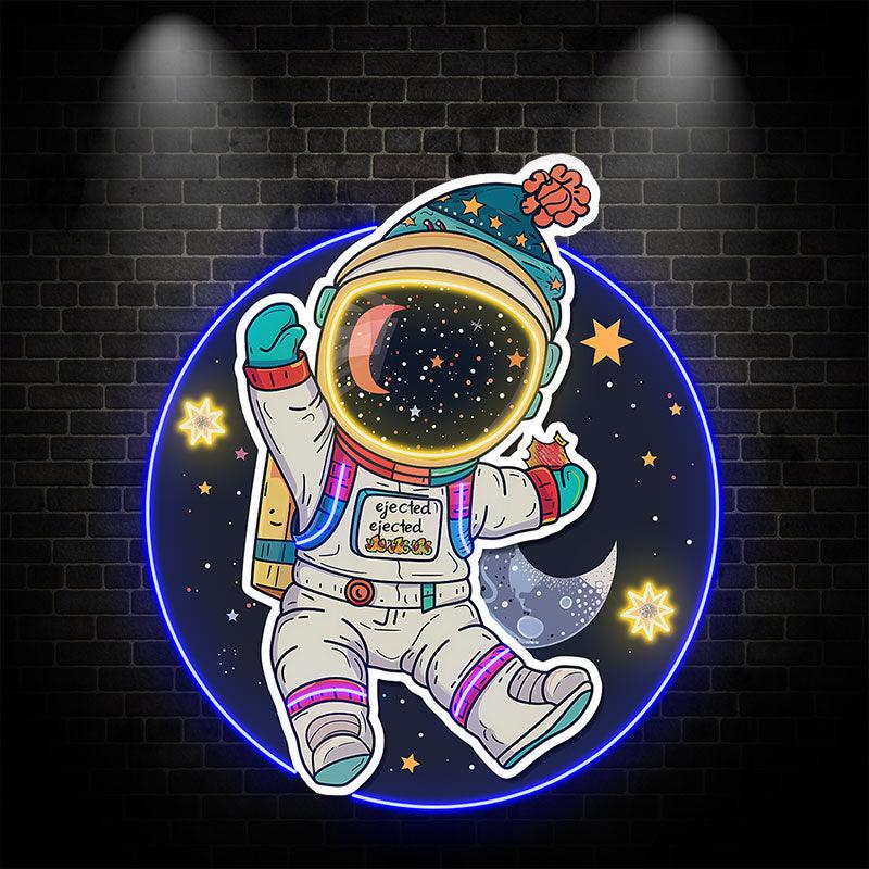 Colorful Christmas spacesuits: a holiday miracle for astronauts swimming in space neon signs