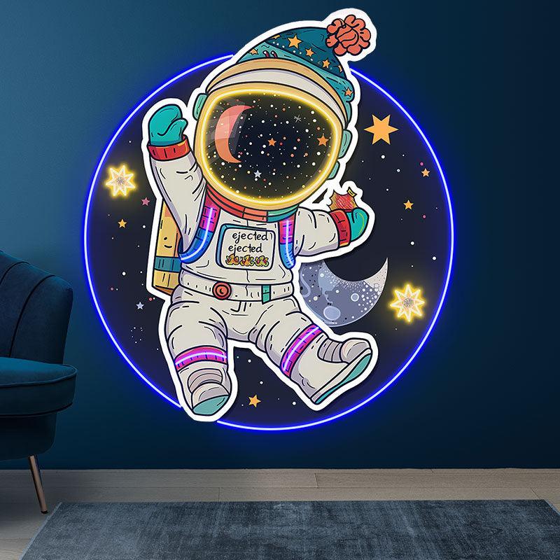Colorful Christmas spacesuits: a holiday miracle for astronauts swimming in space neon signs