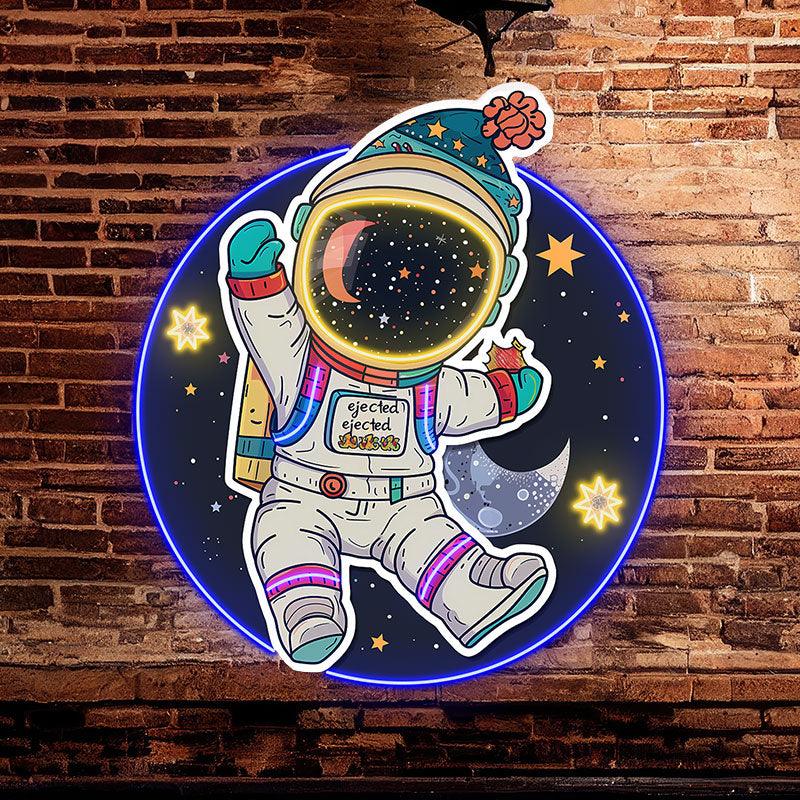 Colorful Christmas spacesuits: a holiday miracle for astronauts swimming in space neon signs