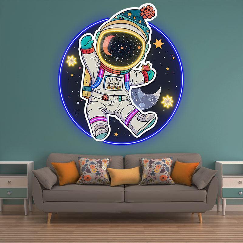 Colorful Christmas spacesuits: a holiday miracle for astronauts swimming in space neon signs