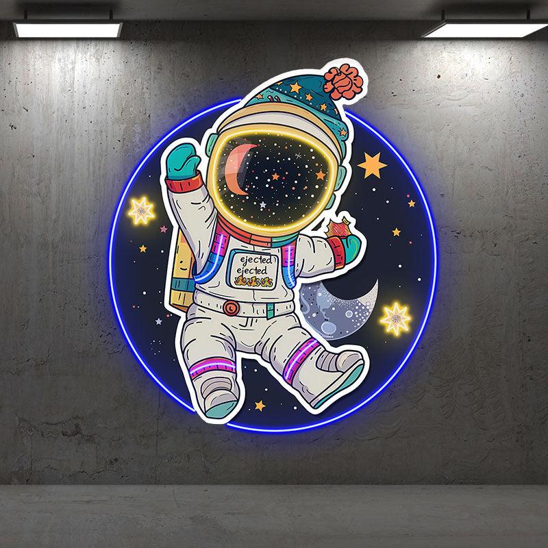 Colorful Christmas spacesuits: a holiday miracle for astronauts swimming in space neon signs