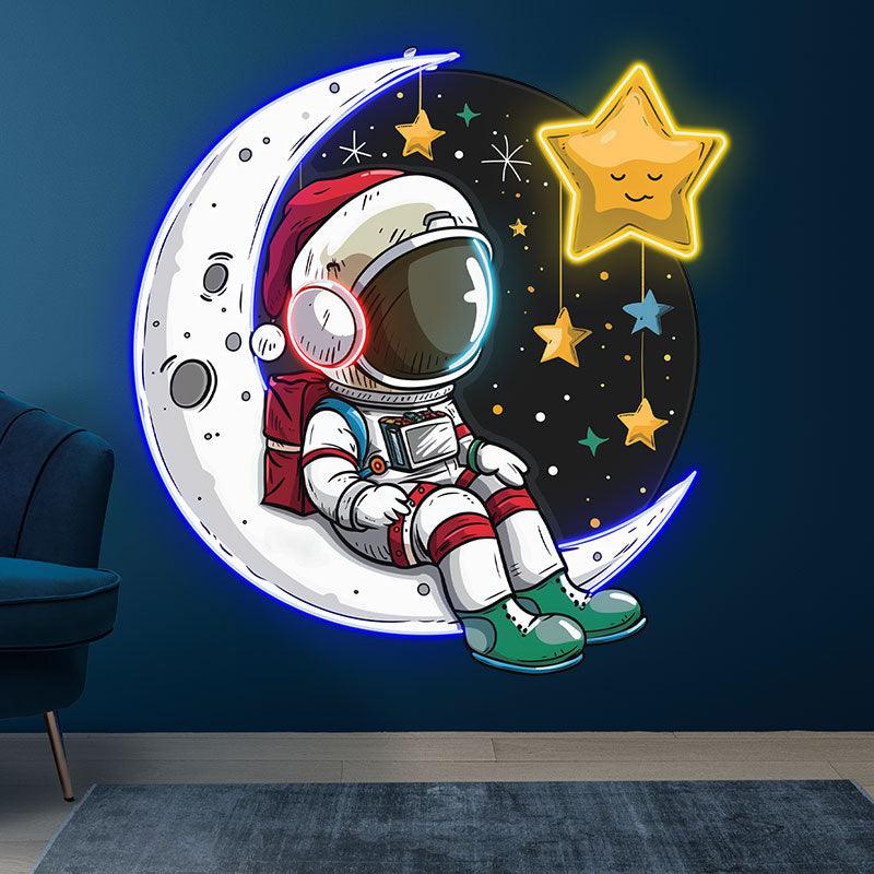 Christmas Eve on the Moon: Astronauts in festive space suits take a moment to watch the stars neon signs