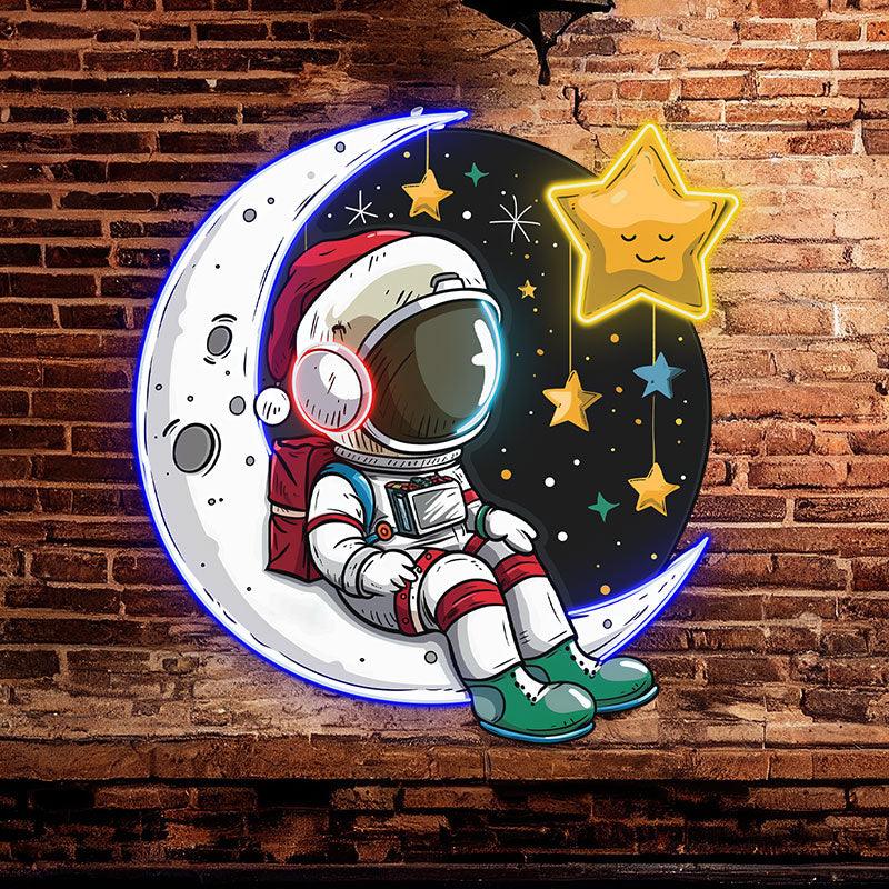 Christmas Eve on the Moon: Astronauts in festive space suits take a moment to watch the stars neon signs