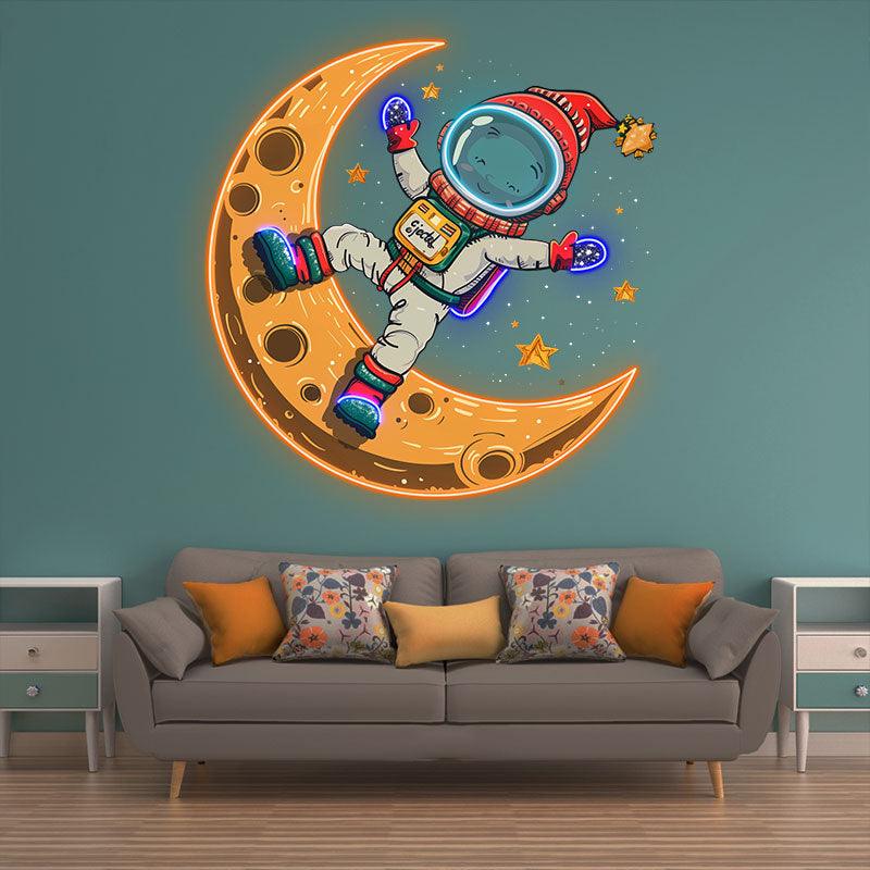 Merry Christmas Astronaut neon signs: A Holiday Miracle Swimming in Space on a Yellow Bent Moon
