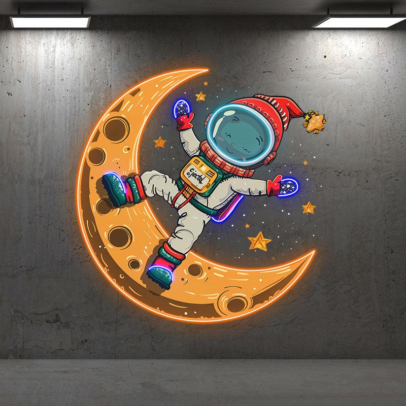 Merry Christmas Astronaut neon signs: A Holiday Miracle Swimming in Space on a Yellow Bent Moon