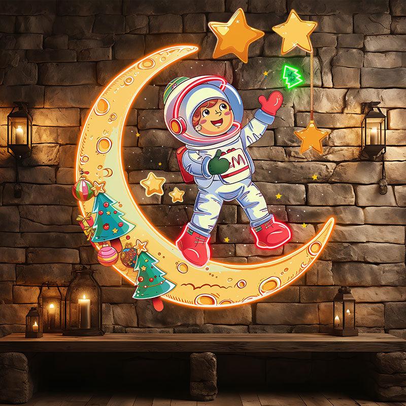 Astronauts on a golden Christmas-decorated moon: happy stargazing holiday miracle neon signs