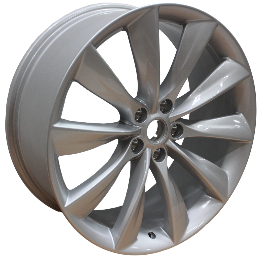 22" Tesla Model S Model X Staggered Twist Spoke Gloss Silver Wheels & Rims