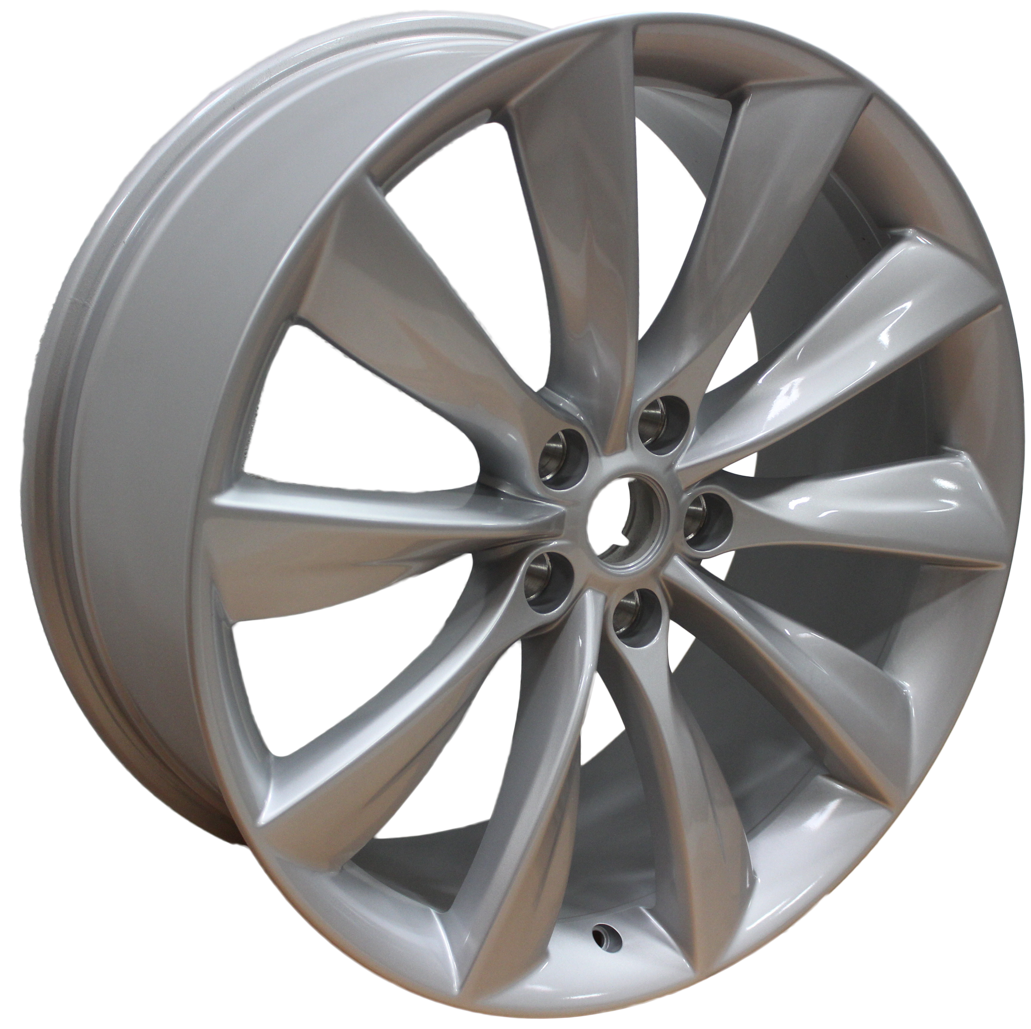 22" Tesla Model S Model X Staggered Twist Spoke Gloss Silver Wheels & Rims