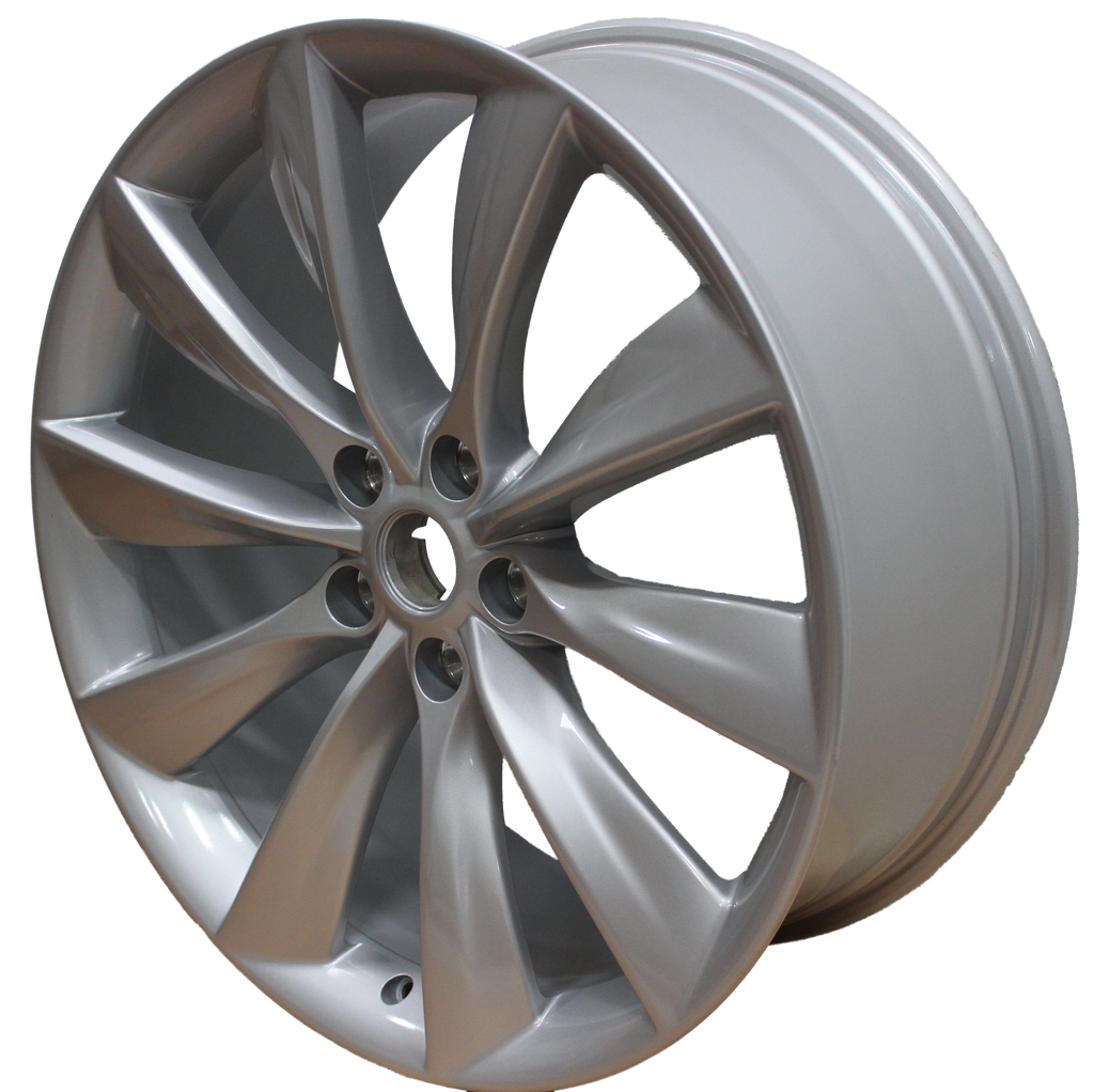 22" Tesla Model S Model X Staggered Twist Spoke Gloss Silver Wheels & Rims